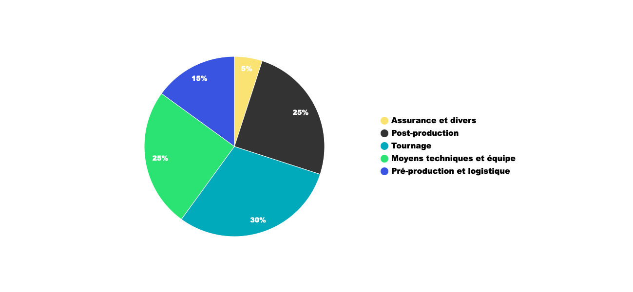 5% 25% Assurance et divers Post-production Tournage Moyens techniques et équipe Pré-production et logistique 30%